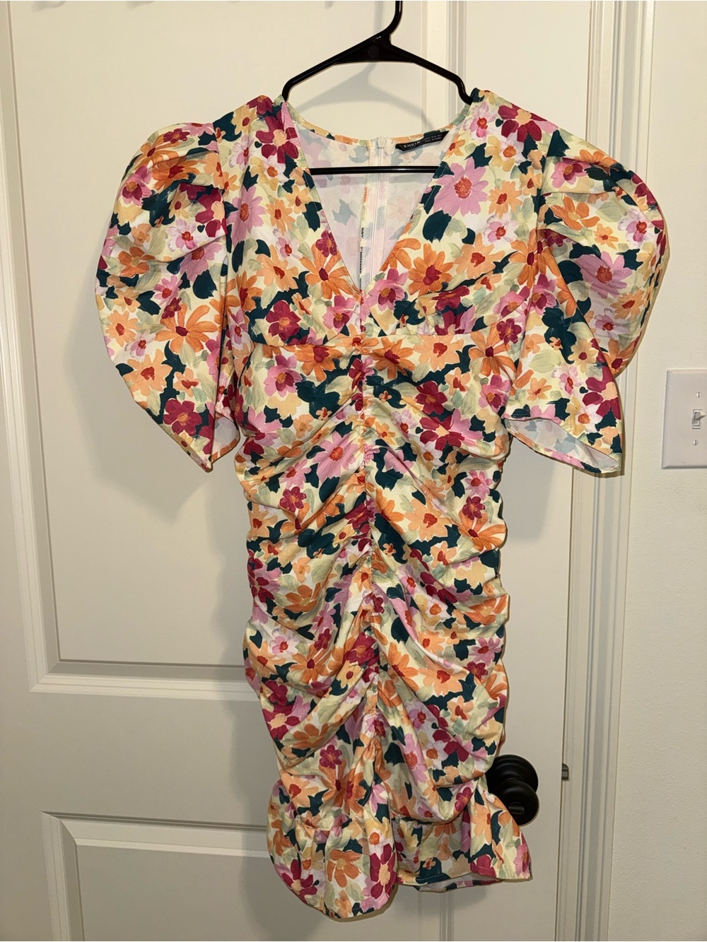 SHEIN Floral Ruched V-Neck Puff Sleeve Dress - Pink, Orange & Green